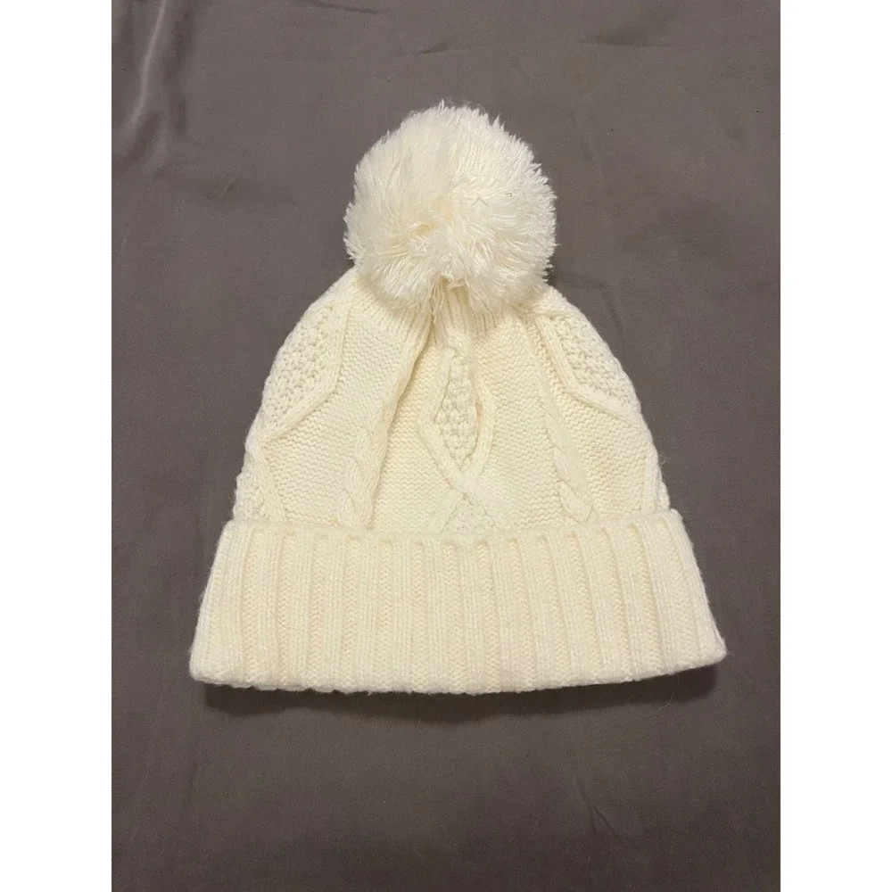 Gap Kids Cream Cable Knit Pom Pom Beanie Hat Off White Acrylic 52-54cm